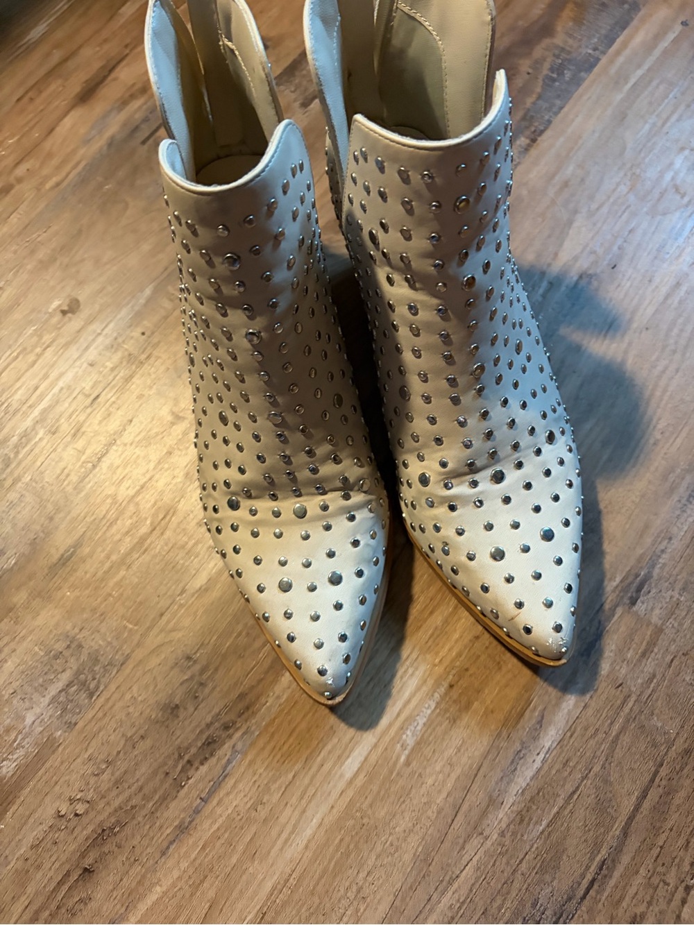 Studded Pointed-Toe Ankle Boots in Cream